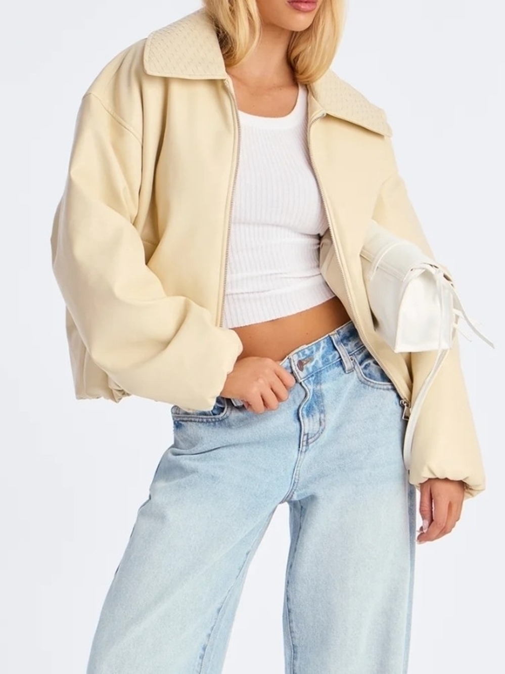 Fashion Nova Cream Quilted-Collar Bomber Jacket